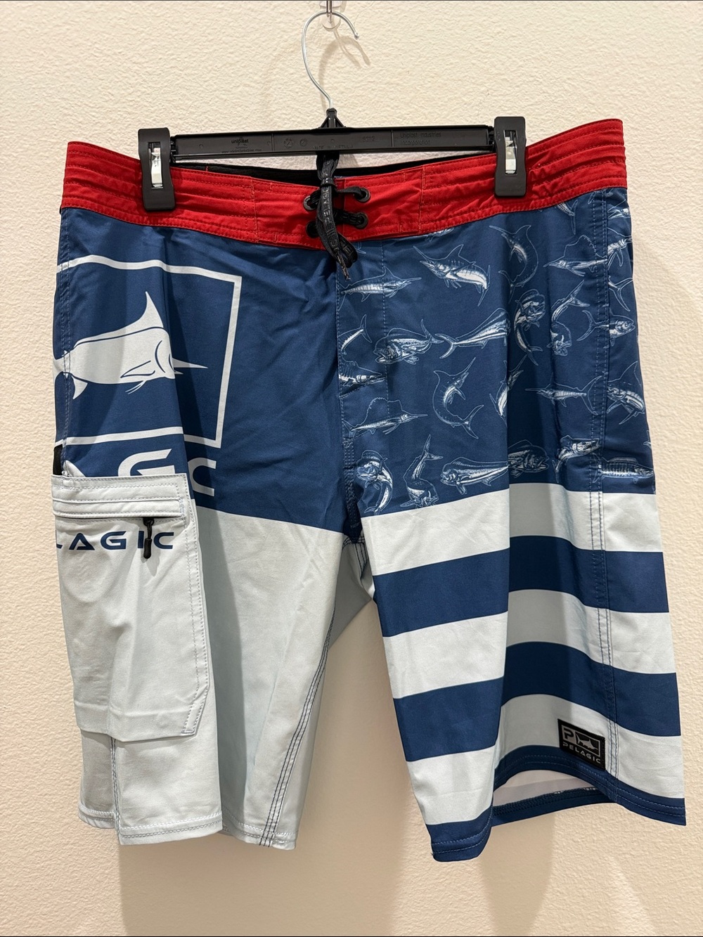 Pelagic Navy Blue, White & Red Men's Swim Board Shorts